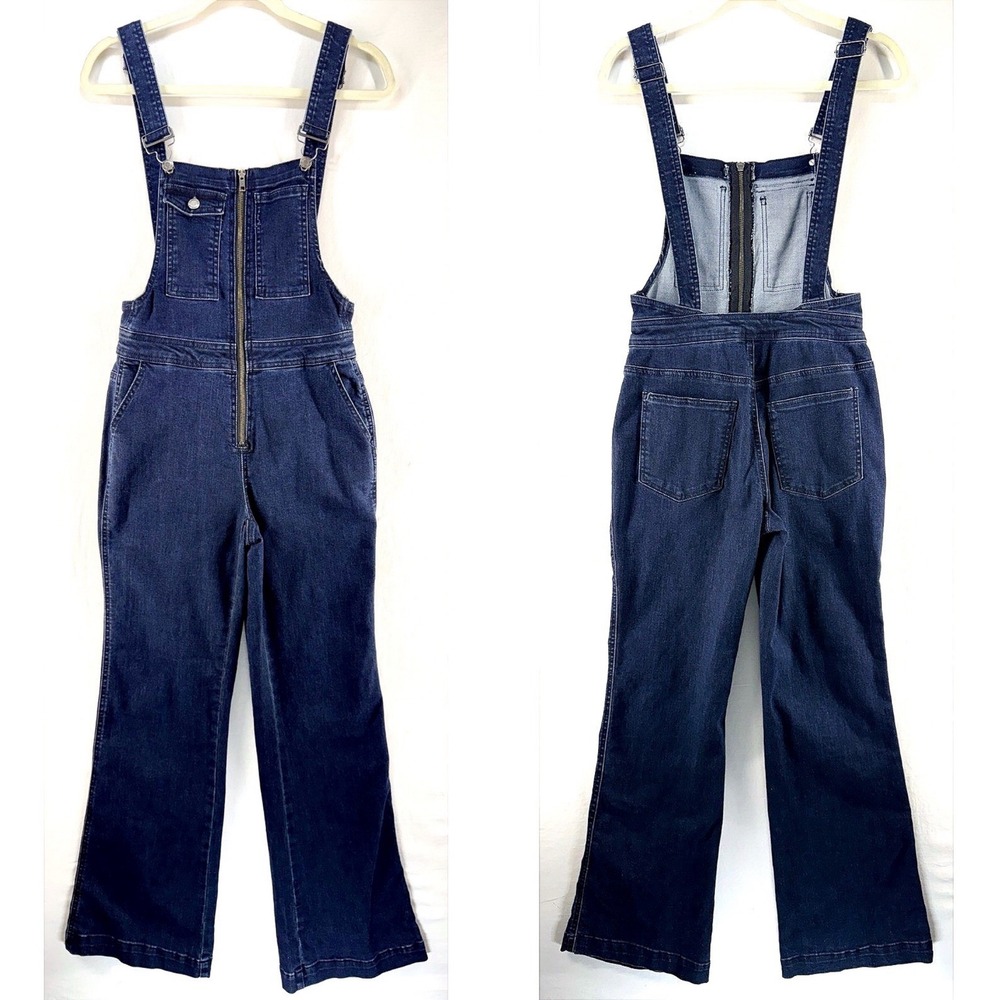 Womens Dark Wash Denim Zip Front Overalls Flare Sz S 70s Retro Festival Tradwife